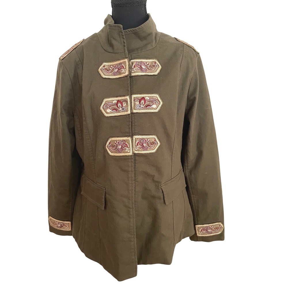 Chico's Military Jacket Womens 2 L 12/14 Green Cotton Boho Embroidered Festival